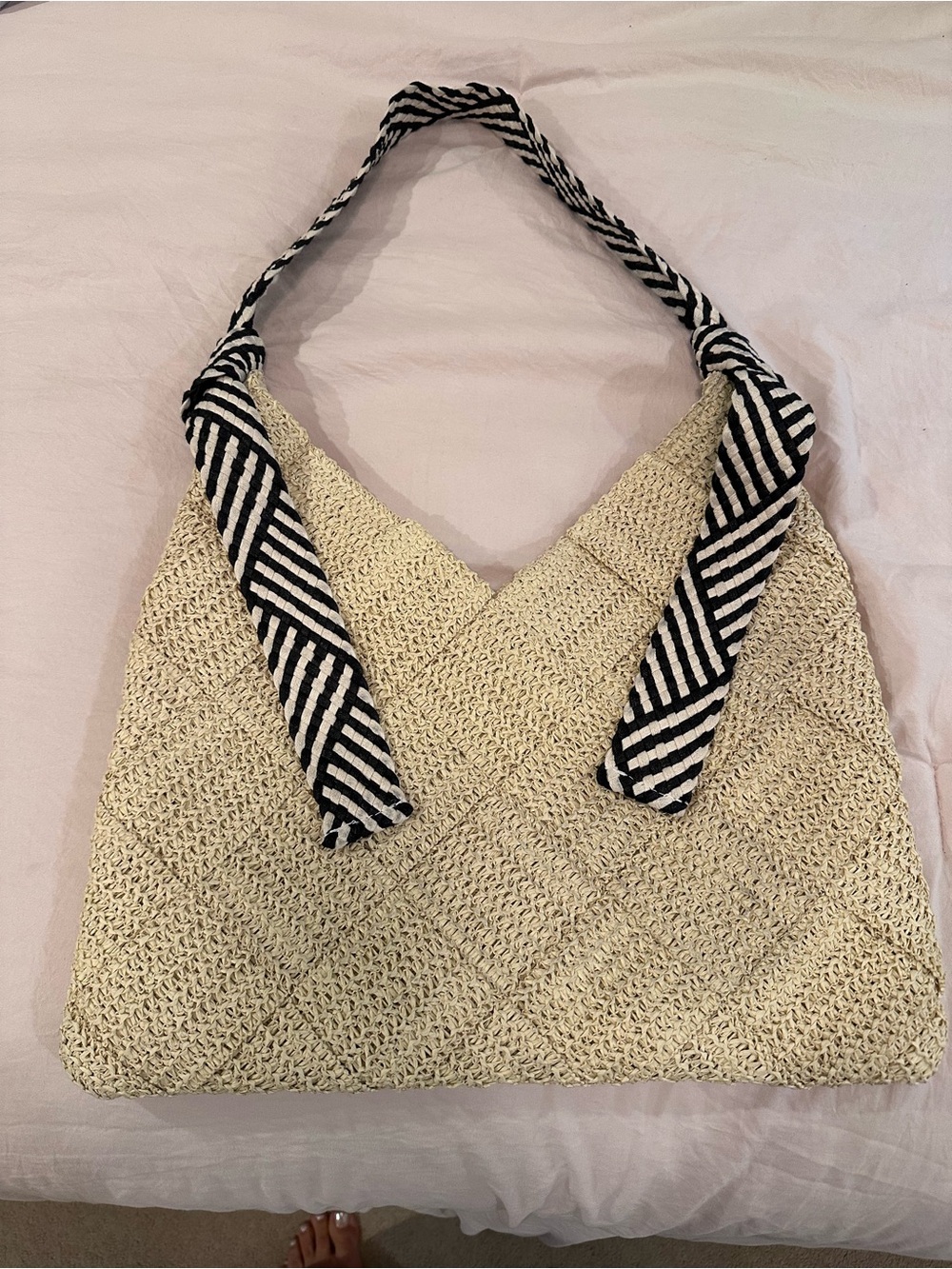 Cream Woven Tote with Black & White Stripe Shoulder Tie